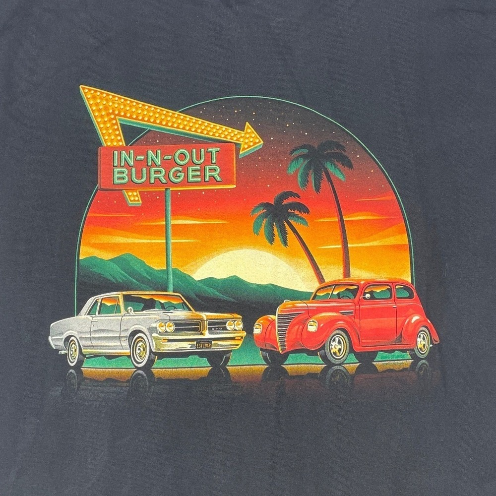 IN-N-Out Burger Black XXL Graphic Tee Sunset Mountains Cars Pre-shrunk